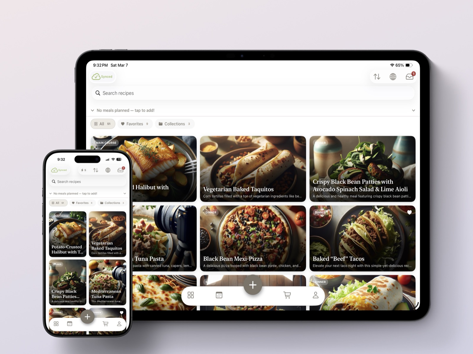 RecipeHero app showing recipe collection on iPad and iPhone side by side, demonstrating the adaptive layouts designed for each device