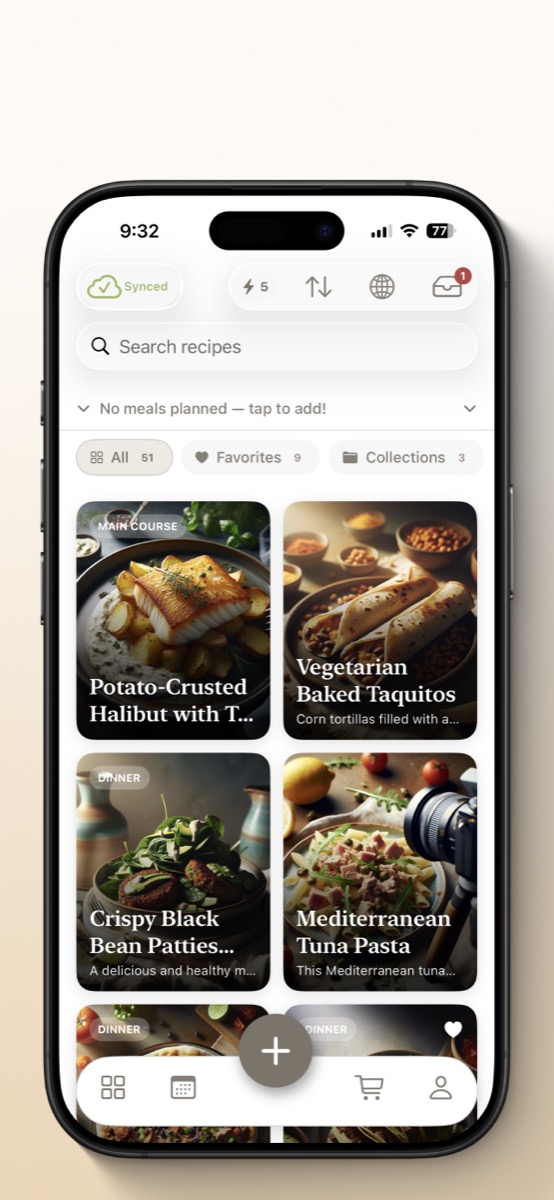 RecipeHero app on iPhone showing recipe collection with search, favorites, collections, and beautiful recipe cards